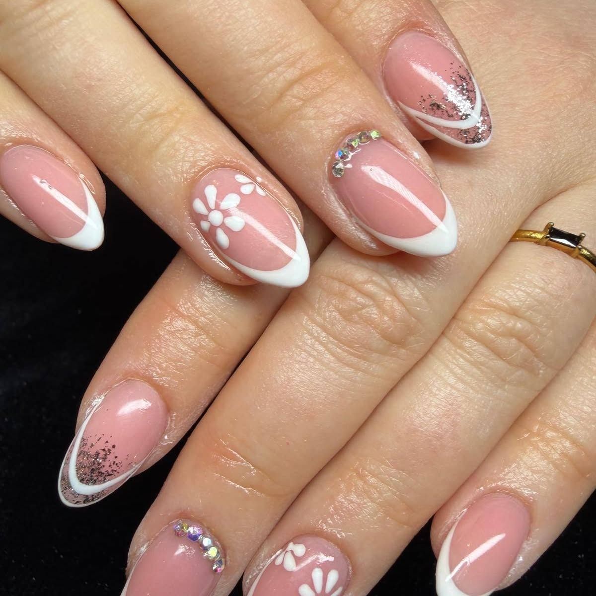 French met witte bloemen